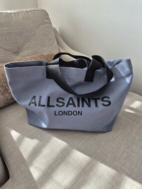 AllSaints Light Blue Canvas Tote with Black Leather Logo Patch